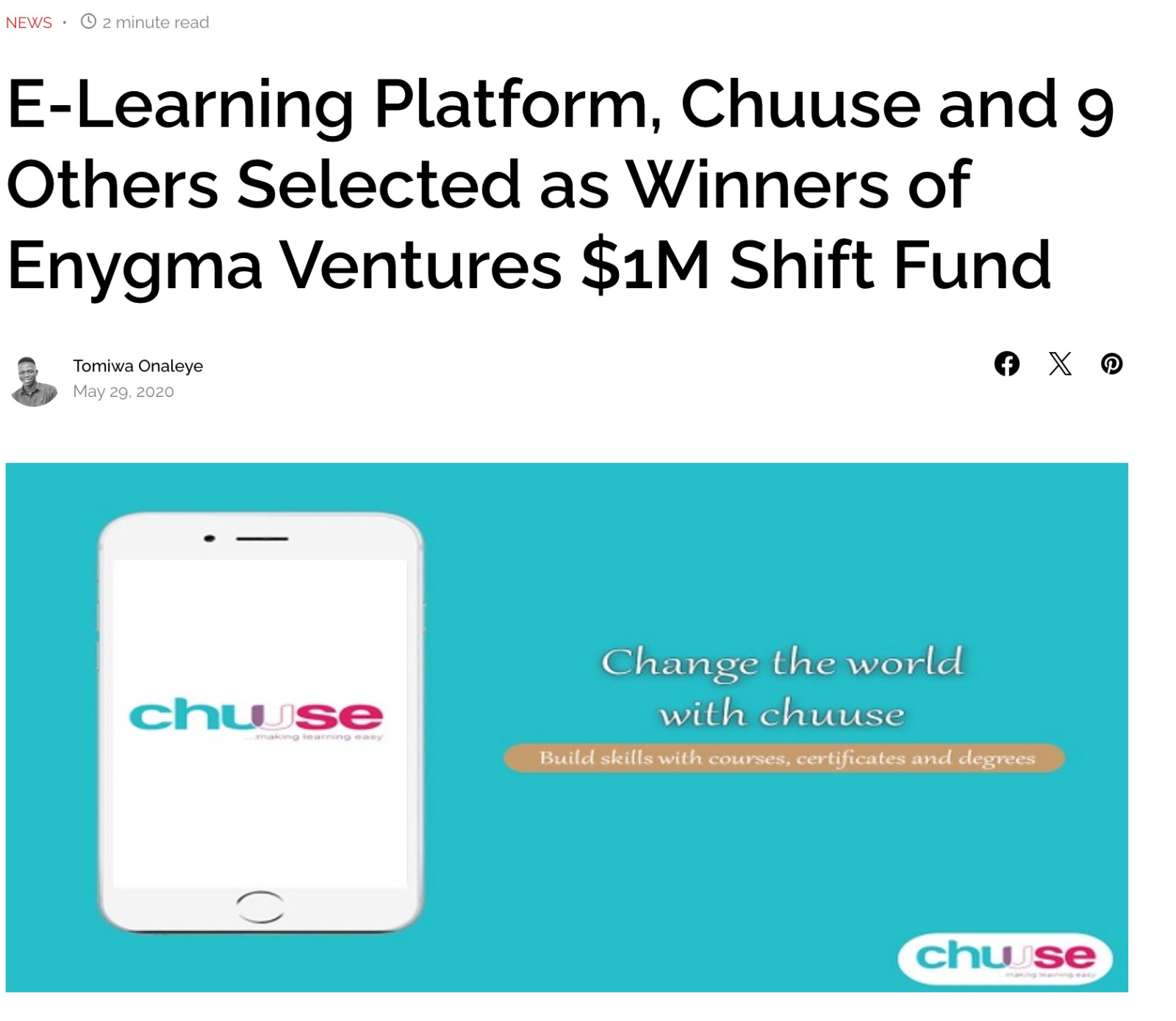 Chuuse named a winner of the Enygma Ventures $1M Shift Fund